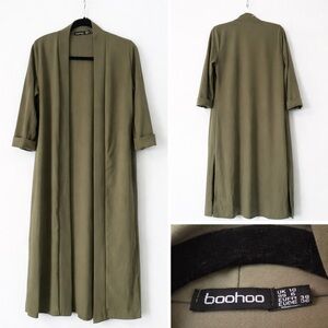 🫒 Boohoo Long Olive Duster Cardigan – Size US 6